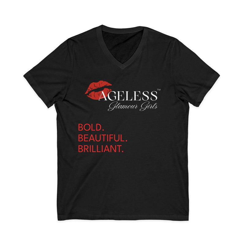 Black AGG Signature V-neck T-shirt with red lips logo and Bold Beautiful Brilliant message for women 50+