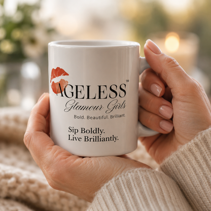 AGG Signature Affirmation Mug: Sip Boldly. Live Brilliantly. | Ceramic Coffee Mug for Women 50+ (15 oz)